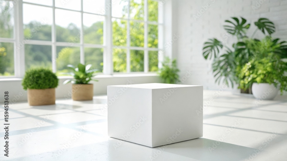 Fototapeta premium Sunny White Cube Display: Minimalist Room with Plants