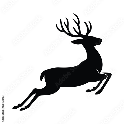 Energetic leaping deer silhouette icon in black with angular motion and curved antlers for nature conservation, wildlife, and outdoor themes