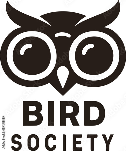 Vector logo of stylized owl with expressive circular eyes and sharp beak placed above bold uppercase “BIRD SOCIETY” text, symbolizing avian protection identity, wildlife conservation branding, ornitho