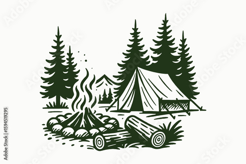 Forest campsite with tent and campfire, bold line vector illustration