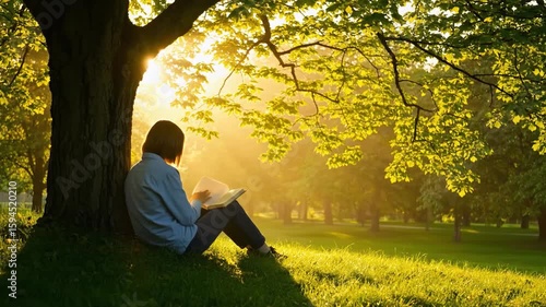 Woman reading a book under a tree in a park at sunset