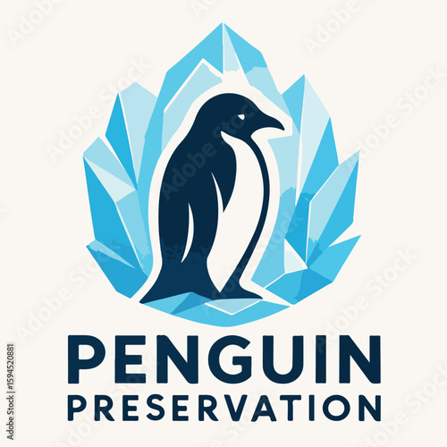 Vector logo of stylized dark blue penguin standing in front of geometric ice background in blue tones with bold “PENGUIN PRESERVATION” text below, symbolizing arctic wildlife protection, endangered sp