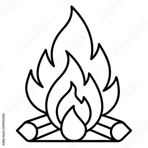 Detailed line art illustration of a crackling campfire isolated on white background