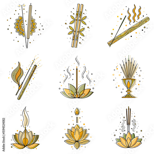 Incense stick icon set for blogs, websites, clipart, meditation, relaxation, spiritual, wellness, educational and awareness materials, presentations