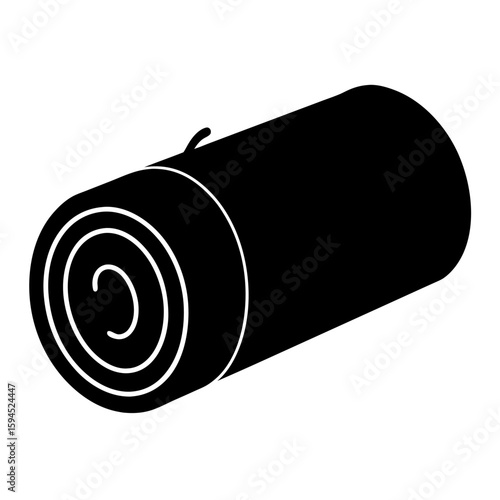 Black silhouette of a rolled up sleeping bag isolated on white background