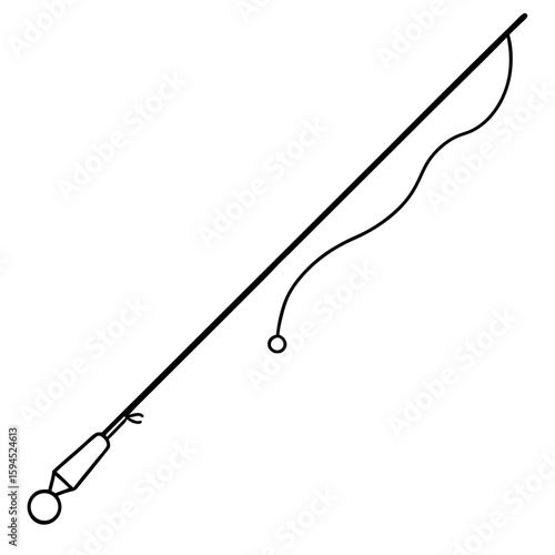 Simple line art illustration of a fishing rod with reel and line isolated on white background