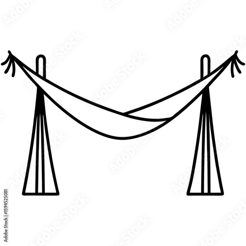 Simple line art illustration of a hammock suspended between two trees isolated on white background