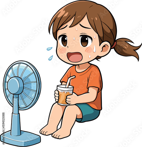 暑くて扇風機に当たる女の子のイラスト