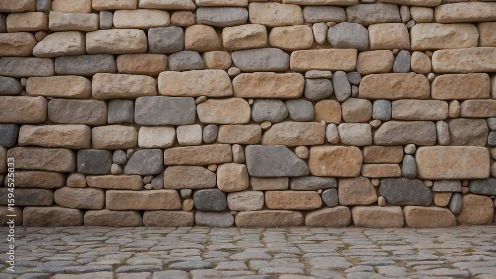 Fototapeta premium Image showcases a rustic, textured stone wall composed of irregularly shaped stones in varying shades of beige, gray, and light brown.