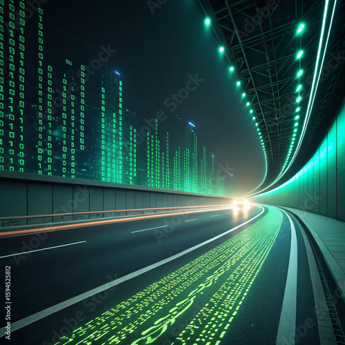 Digital Highway: Futuristic Cityscape with Data Stream on Road at Night Isolated On Transparent Background