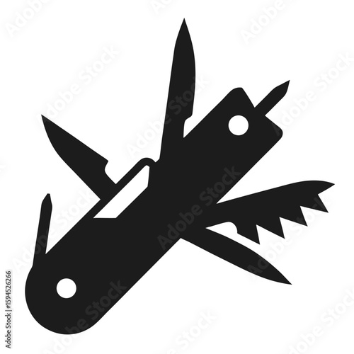 Black silhouette of a versatile multi tool knife isolated on white background