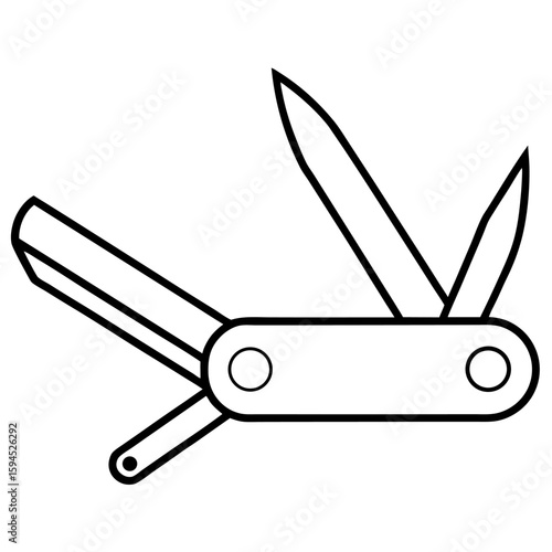Detailed line art illustration of a multi tool knife with fold out components isolated on white background