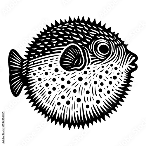 Black and White Pufferfish Illustration with Round Body Pattern and Spiky Texture