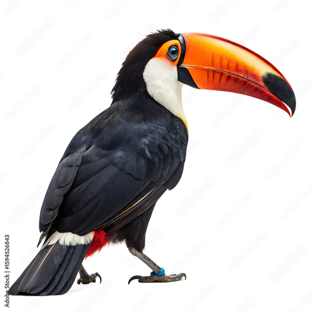 Obraz premium A colorful toucan with a large orange beak and black feathers. The bird stands upright, showcasing its vibrant plumage and distinctive features.