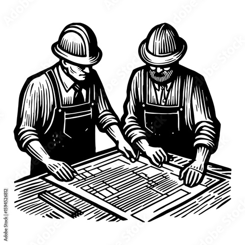 Construction Workers Reviewing a Blueprint with Hard Hats in Monochrome Illustration