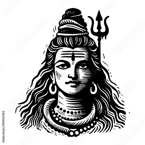 Detailed Black and White Illustration of a Hindu Deity with Trident