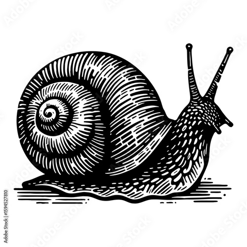 Detailed Line Art Illustration of a Crawling Snail with Coiled Shell in Black and White