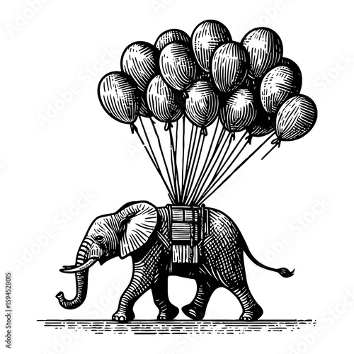 Detailed Monochrome Drawing of an Elephant Transporting a Bundle of Balloons