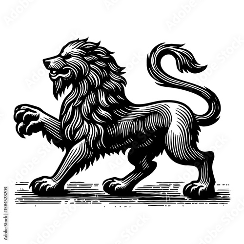 Detailed Monochrome Illustration of a Heraldic Lion with Intricate Linework on White