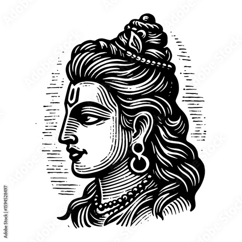 Detailed Monochrome Illustration of Hindu Deity Profile with Ornate Hair and Jewelry