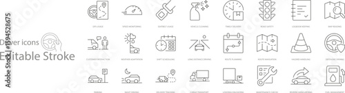 Driver Line Icon Set Including Car Driving Activities, with Editable Stroke. Isolated on Transparent Background, Vector Illustration