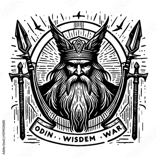 Detailed Monochrome Norse Mythology Illustration of Odin Warrior With Spear and Sword