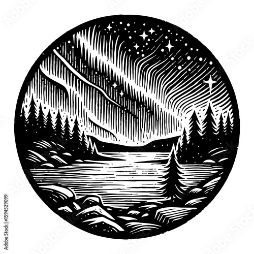 Engraved Night Scene With Aurora Borealis Over Lake and Pine Trees in Monochrome