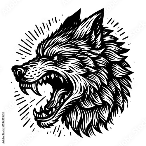Wallpaper Mural Illustration of Roaring Wolf Head Black and White Woodcut Style Graphic Animal Torontodigital.ca