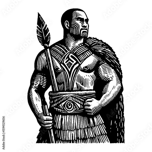 Illustration of Muscular Bearded Man with Spear in Tribal Ornamentation and Cloak