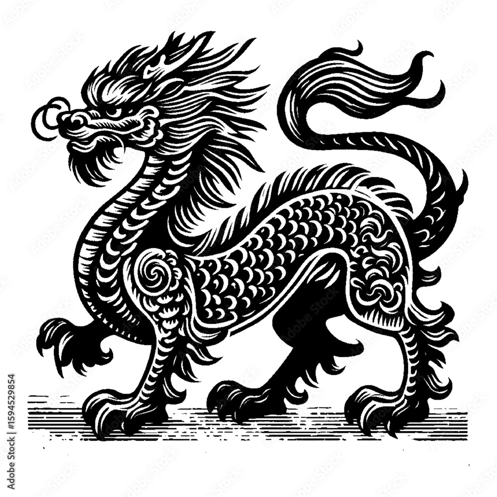 Obraz premium Intricate Monochrome Asian Dragon Illustration with Traditional Design Elements