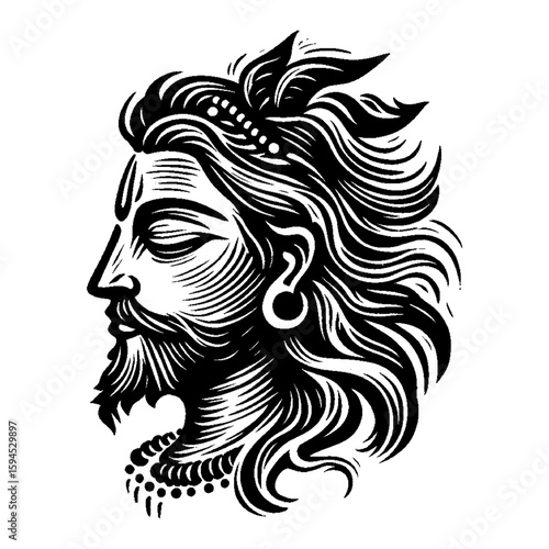 Intricate Monochrome Illustration of A Man's Head Profile with Ornate Hairstyle and Jewelry