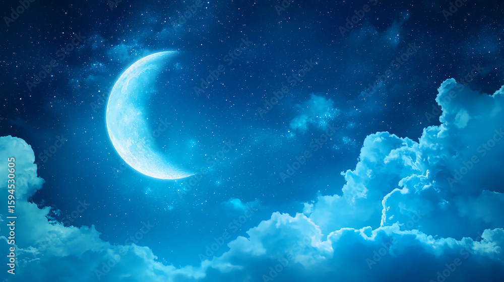 Fototapeta premium A serene night sky featuring a bright crescent moon surrounded by twinkling stars and fluffy clouds.