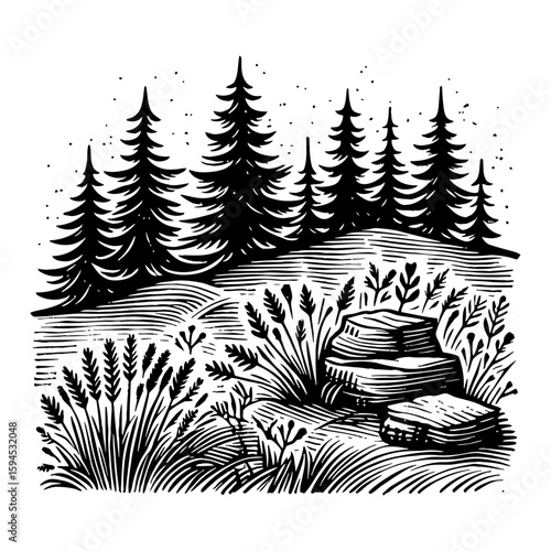 Monochrome Forest Illustration with Evergreen Trees Grass and Rocks in Vintage Style
