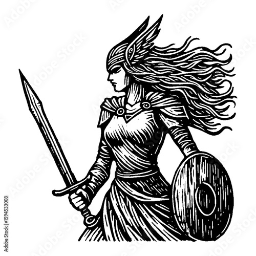 Monochrome Illustration of Armored Female Warrior with Winged Helmet Holding Sword
