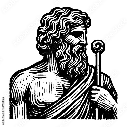 Monochrome Illustration of Bearded Man with Toga and Staff Vintage Engraving Look