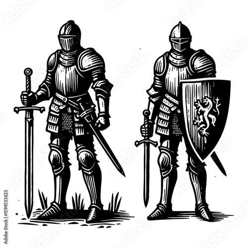 Monochrome Knights in Full Plate Armor with Swords and Shields Illustration