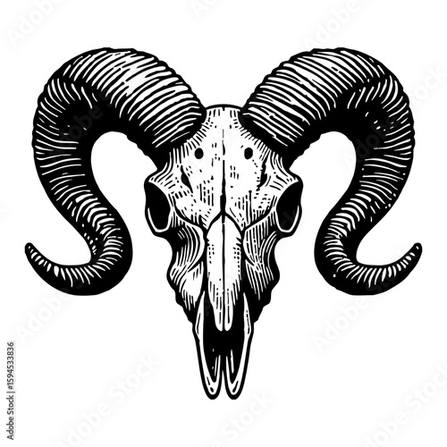 Monochrome Line Drawing Of A Ram Skull With Large Curved Horns Against White Background