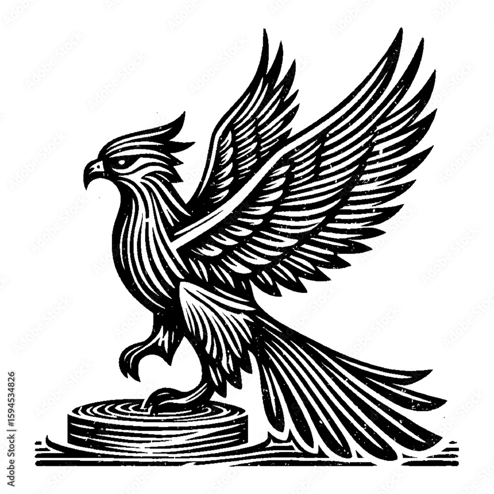 Fototapeta premium Monochrome Vector Graphic of an Eagle Perched on a Round Pedestal With Spread Wings