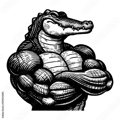 Powerful Alligator Man Illustration with Detailed Muscular Anatomy in Black and White