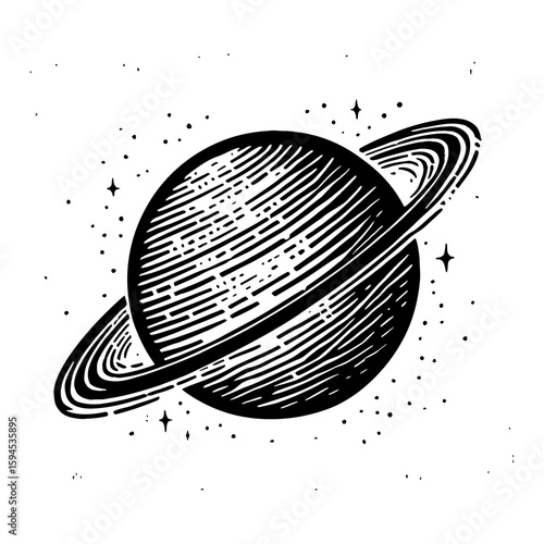Ringed Planet Surrounded By Stars With Detailed Line Work Monochrome Art