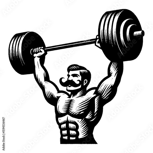 Stylized Muscular Man Lifting a Barbell Overhead in Black and White Illustration