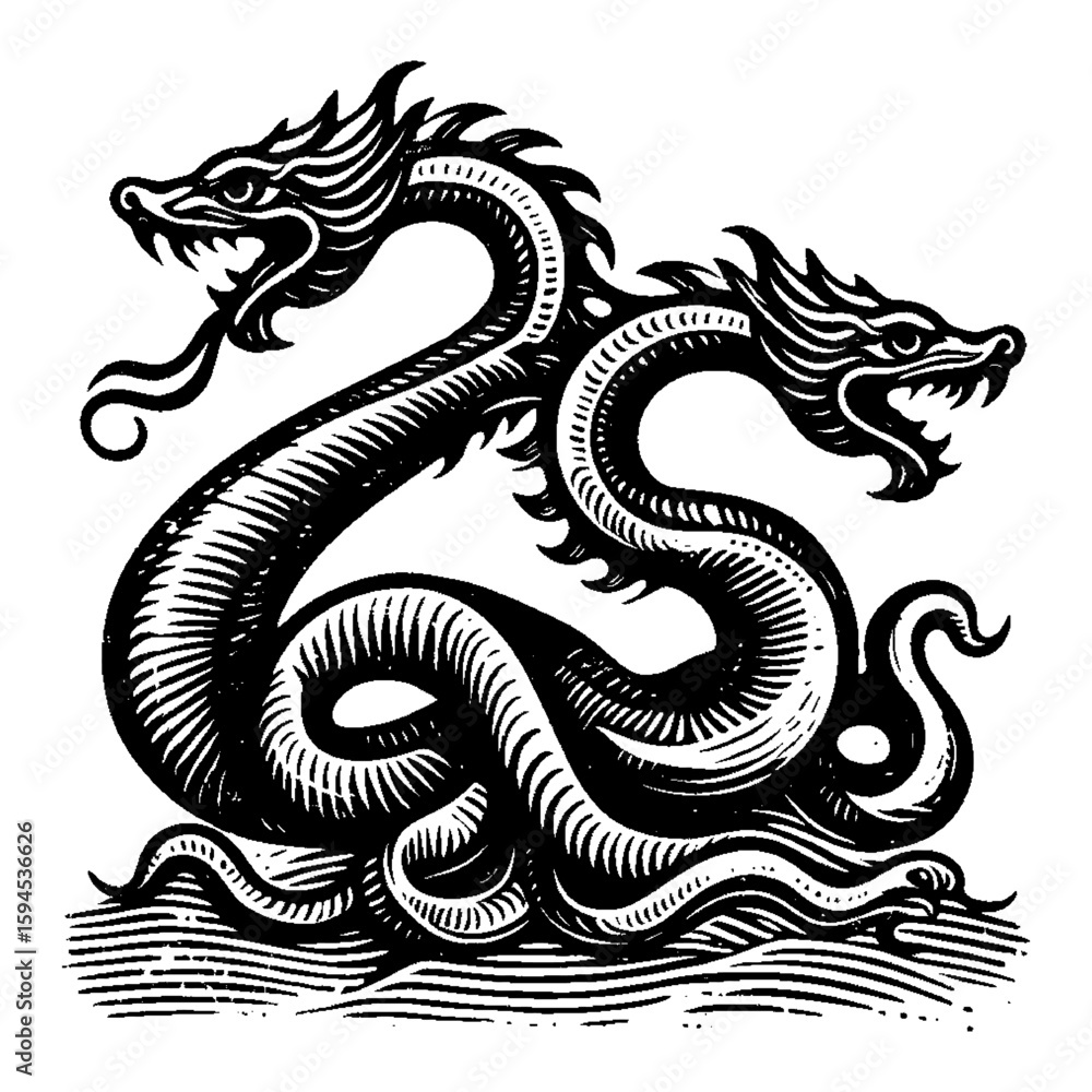 Fototapeta premium Two Headed Dragon Coiled Above Water Monochrome Mythical Engraving