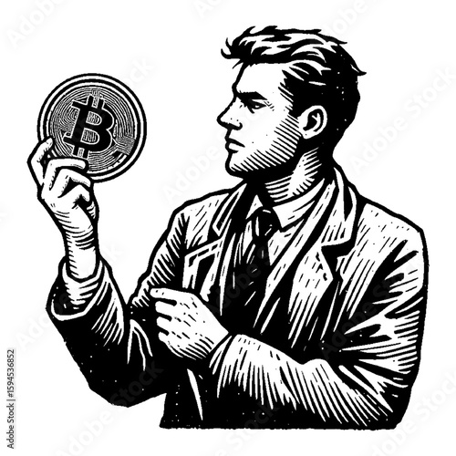 Vintage Engraving of a Man in Suit Holding Digital Currency on White Background