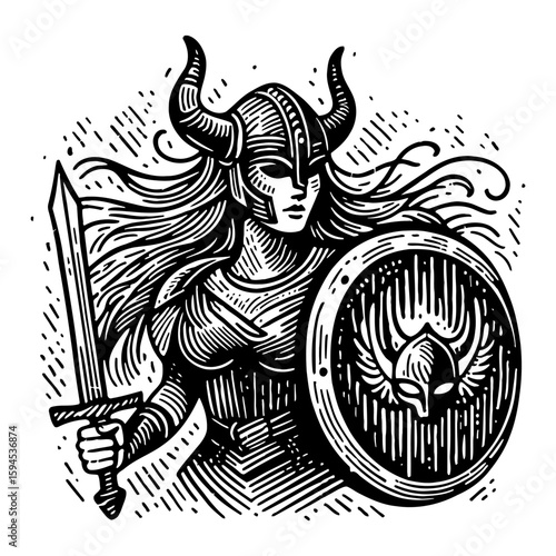 Vintage Illustration of a Female Warrior with Horned Helmet and Shield in Black and White
