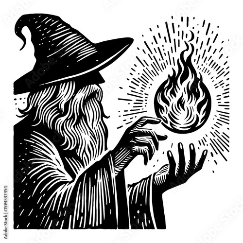 Vintage Woodcut Illustration of Wizard Holding Flaming Orb in Black and White