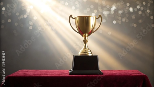 Glowing Gold Trophy on Velvet Podium with Dramatic Spotlight and Subtle Bokeh