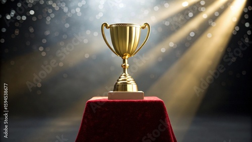 Glowing Gold Trophy on Velvet Podium with Dramatic Spotlight and Subtle Bokeh