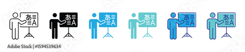 mastering language through visual explanation icon set. contain presenter icon for multilingual training, interactive lessons, educational seminar thin line and color style icon. vector illustration