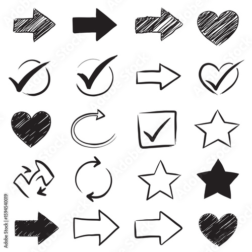 Hand drawn doodle elements arrows check marks hearts stars isolated on white background