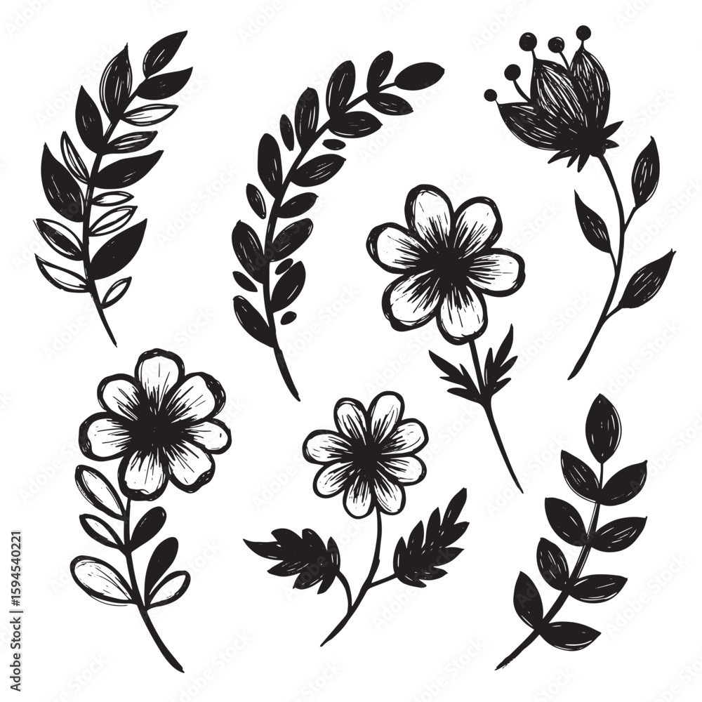 Hand drawn floral and leafy elements set for decorative designs in black and white Hand drawn floral and leafy elements set for decorative designs in black and white